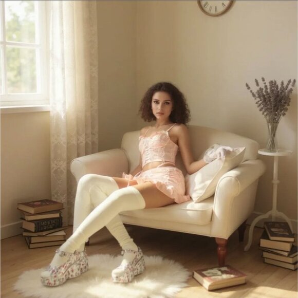 Sugar Thrillz Peach Ruffled Lace Skirt W/ Garters & Vintage Charm – NWT - Picture 4 of 4